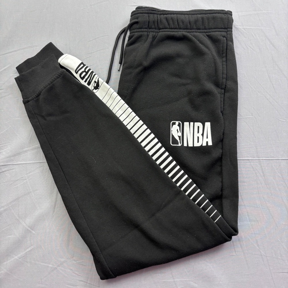 NBA Mens Fleece Joggers Black Graphic Sweatpants Striped Side Panel Medium